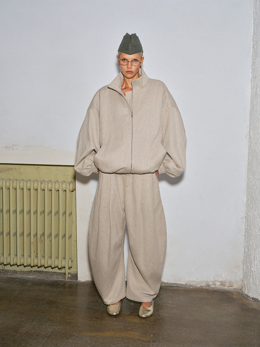 Stand-collar zip-up padded hemp jacket