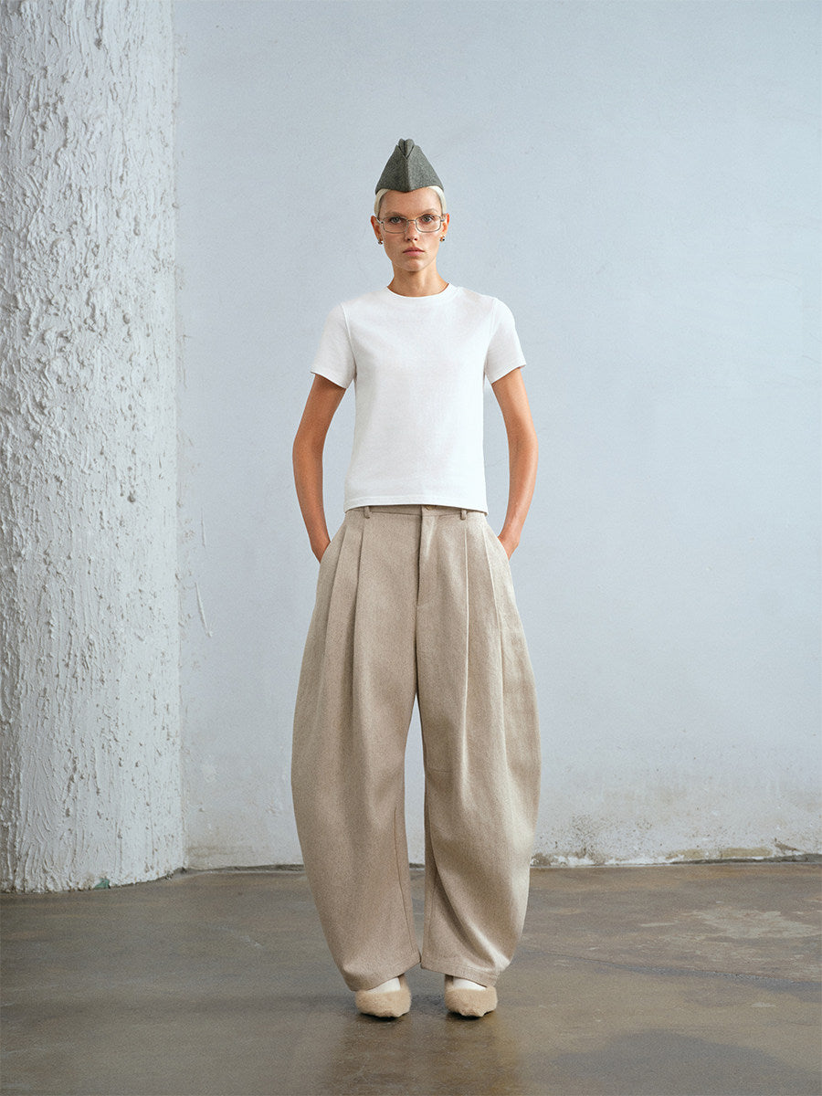 Natural hemp curved wide-leg casual pants