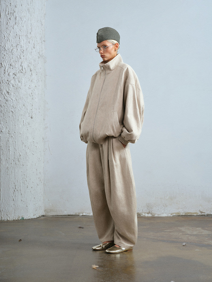 Stand-collar zip-up padded hemp jacket