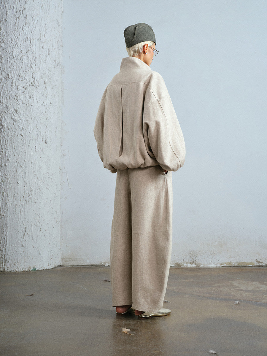 Stand-collar zip-up padded hemp jacket