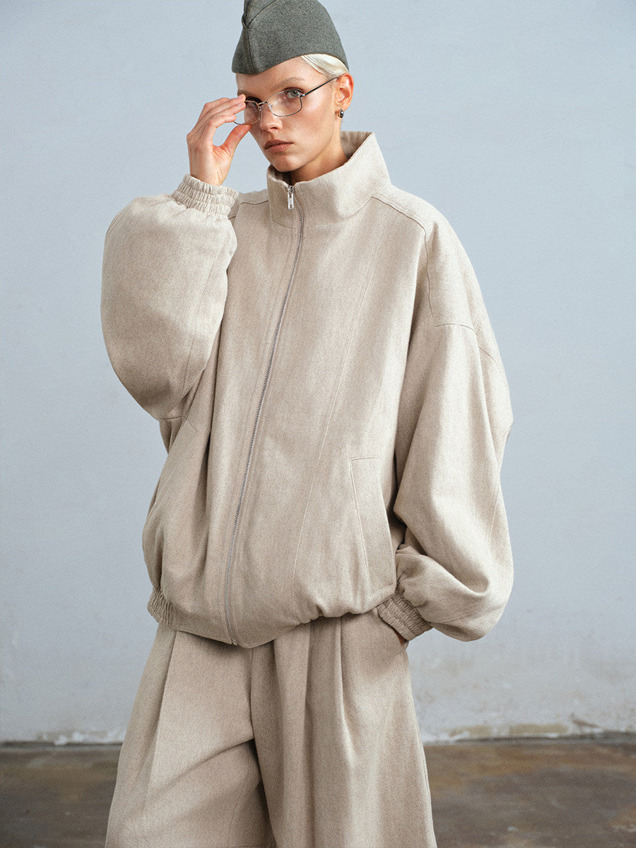 Stand-collar zip-up padded hemp jacket