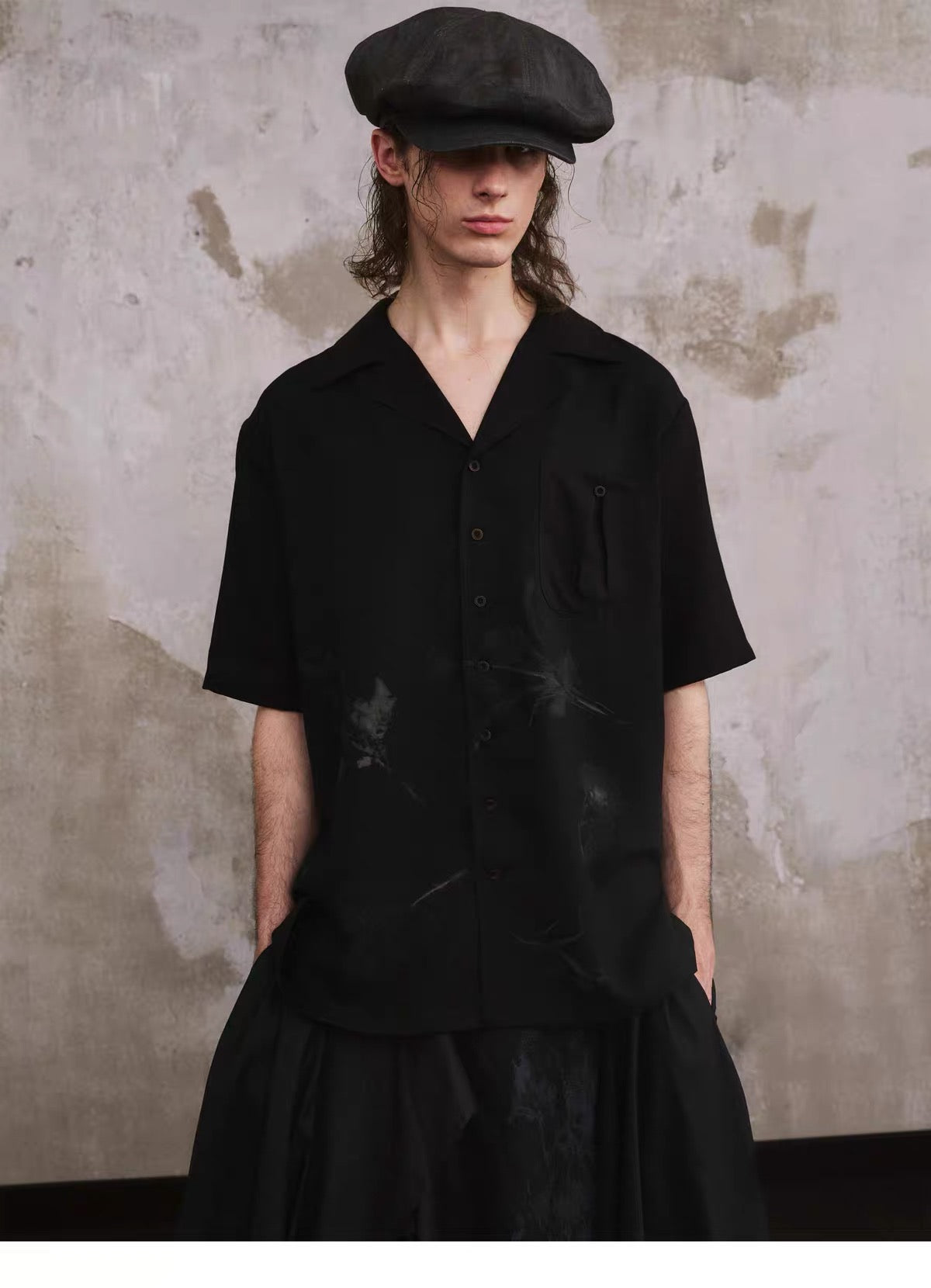 Fallen Petal Print Shirt, front detail with cap